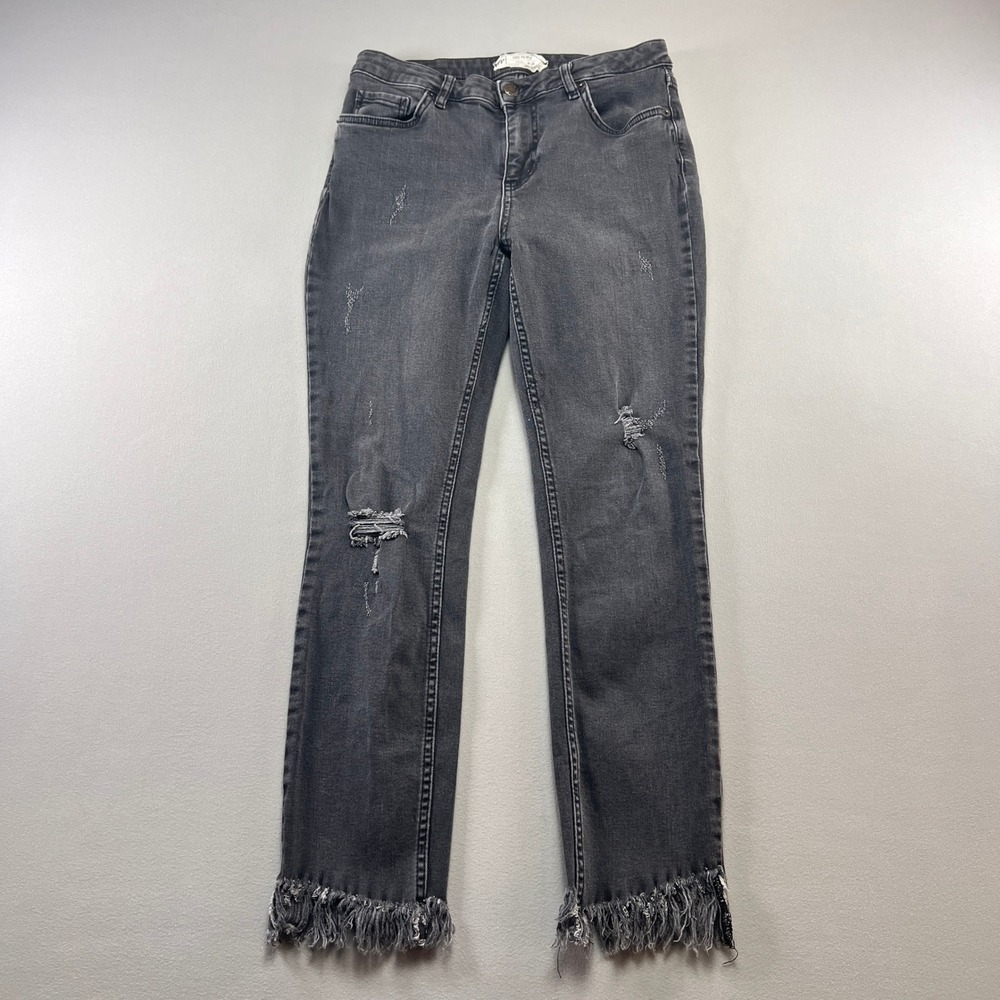Free People Skinny Jeans Womens 28 Black Cotton Stretch Distressed Fringe Hem